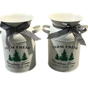 Set of 2 Rustic Metal Christmas Milk Jugs,”Farm Fresh Christmas Trees”